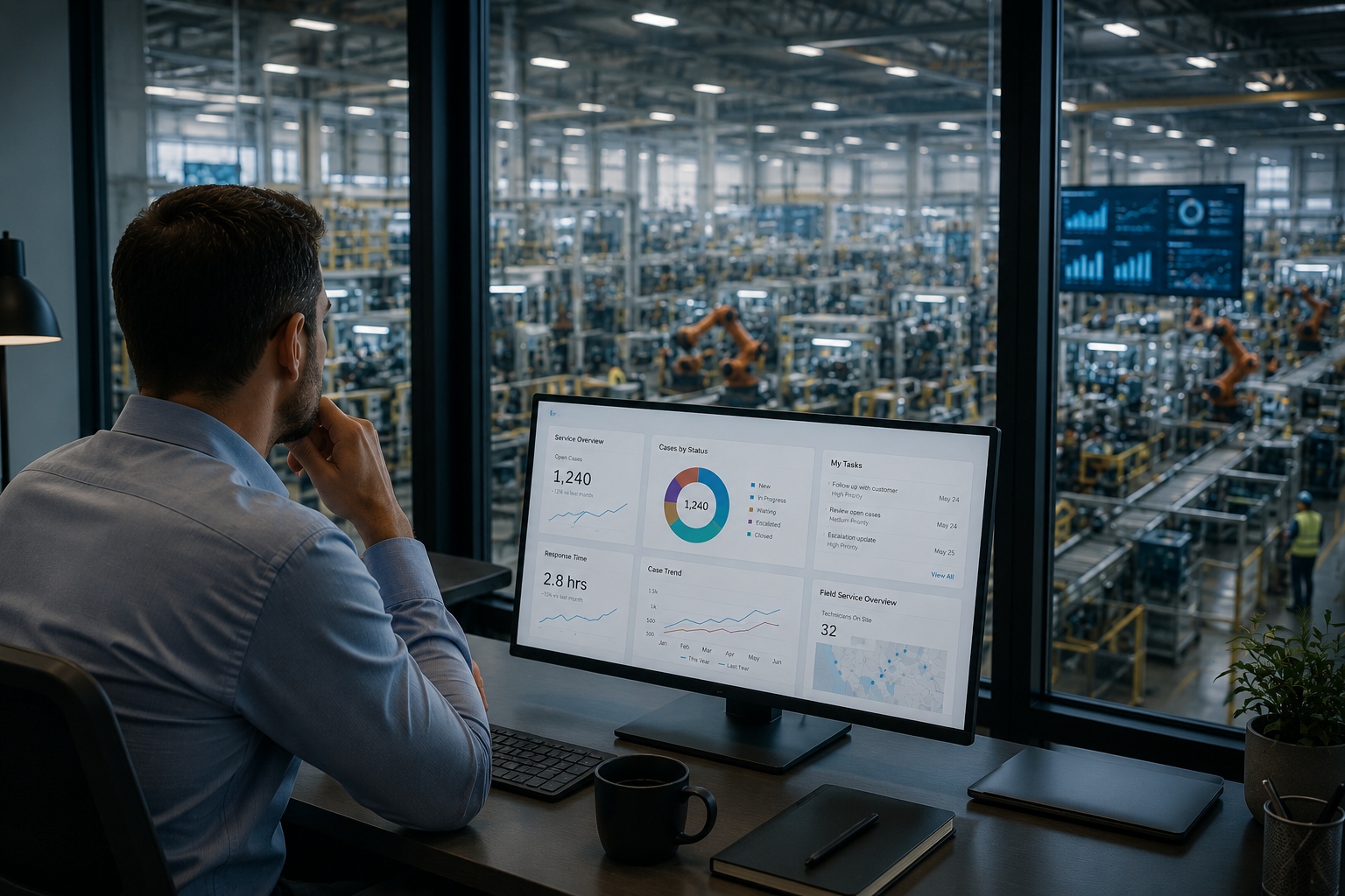 Business professional monitoring customer and field service performance through a dashboard overlooking a factory floor