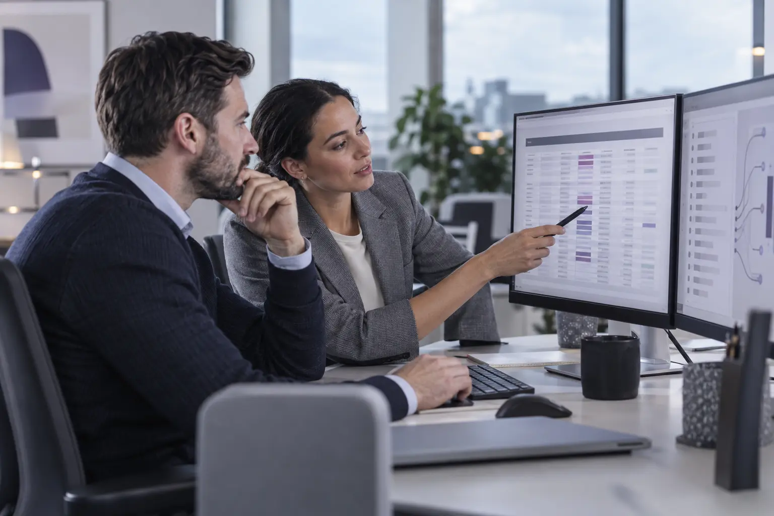 CRM consultants reviewing customer records and migration data across connected systems