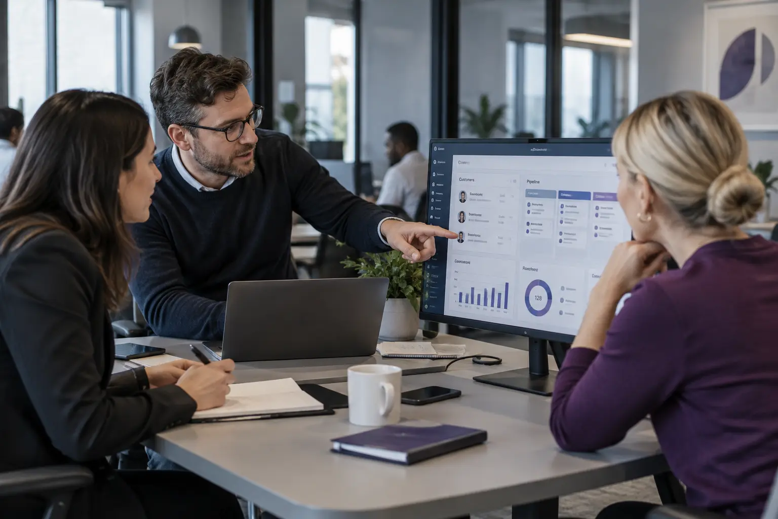CRM consultant reviewing customer records and pipeline information with business teams