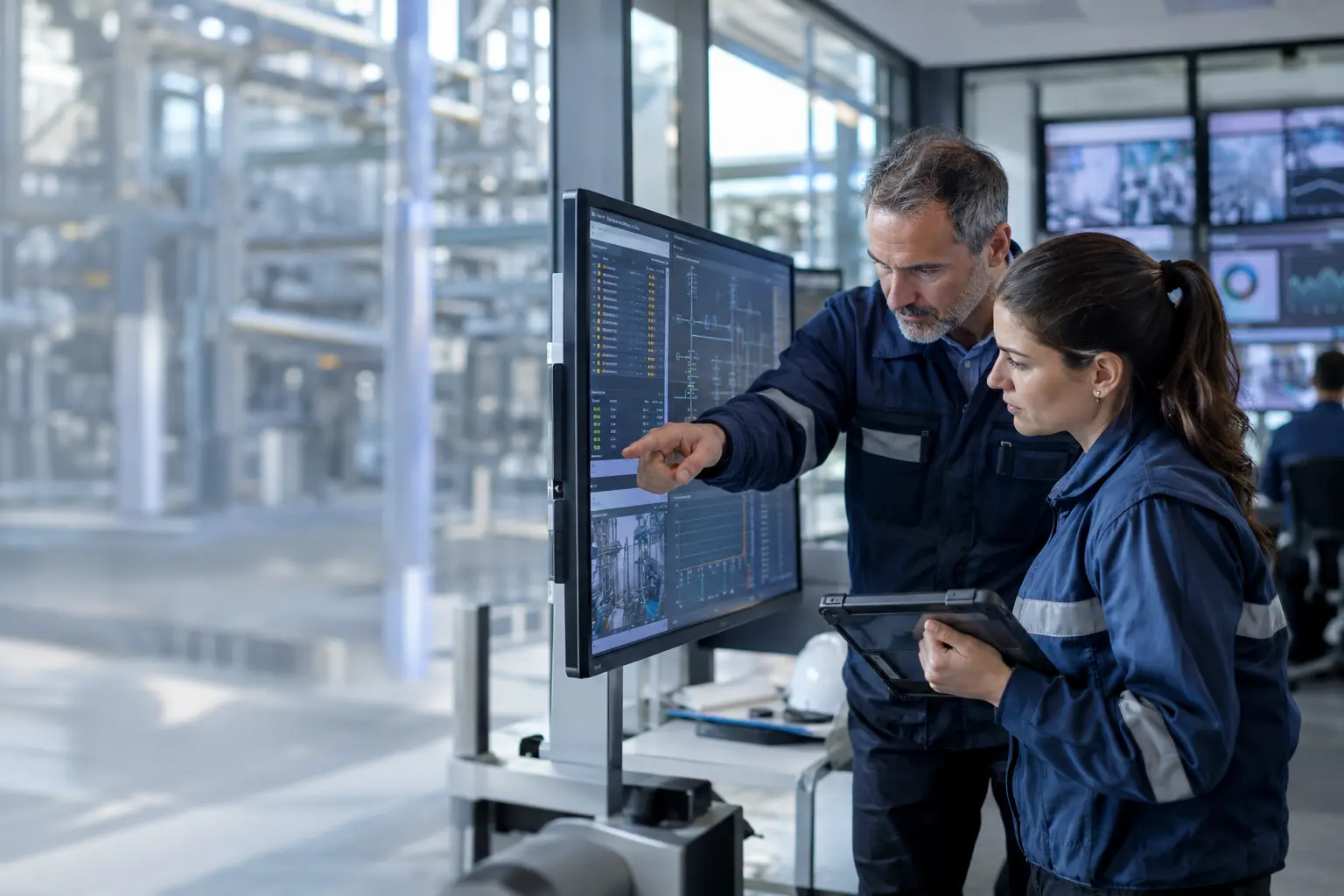 Maintenance planner and field engineer reviewing asset condition and maintenance priorities in an industrial control room.