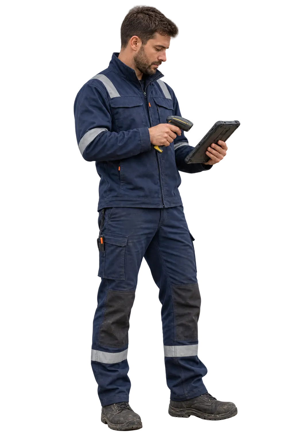 Field maintenance engineer using a barcode scanner and rugged tablet to access asset information.