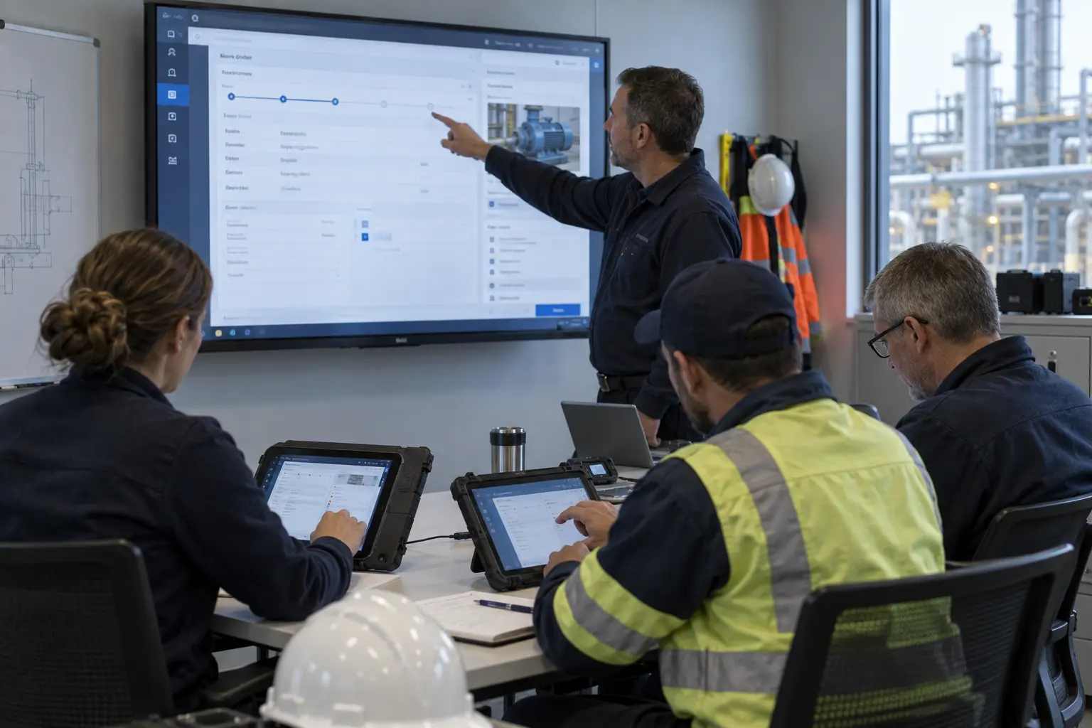 Enterprise architects mapping connections between asset management, GIS, finance and cloud systems.