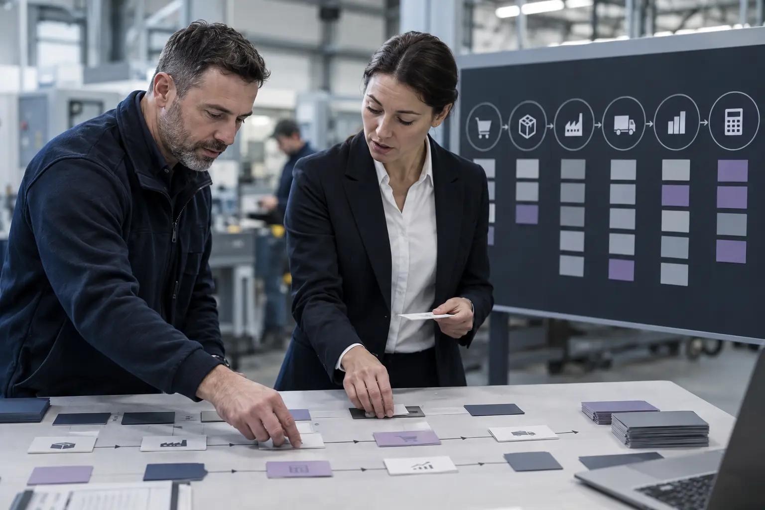 Consultants mapping procurement, production, inventory and finance workflows
