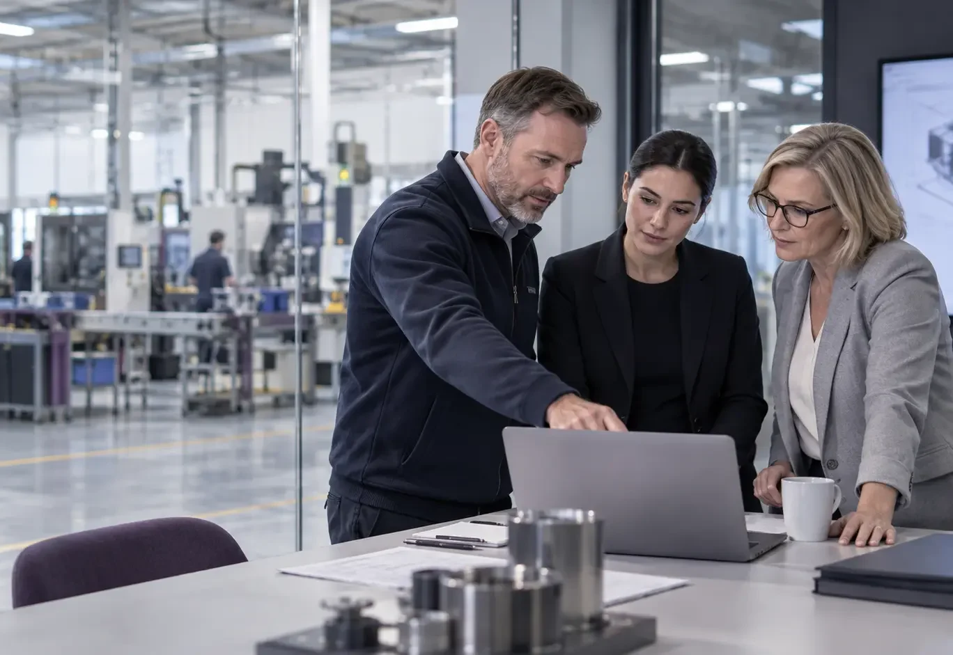 Operations, finance and production leaders reviewing information beside a manufacturing floor