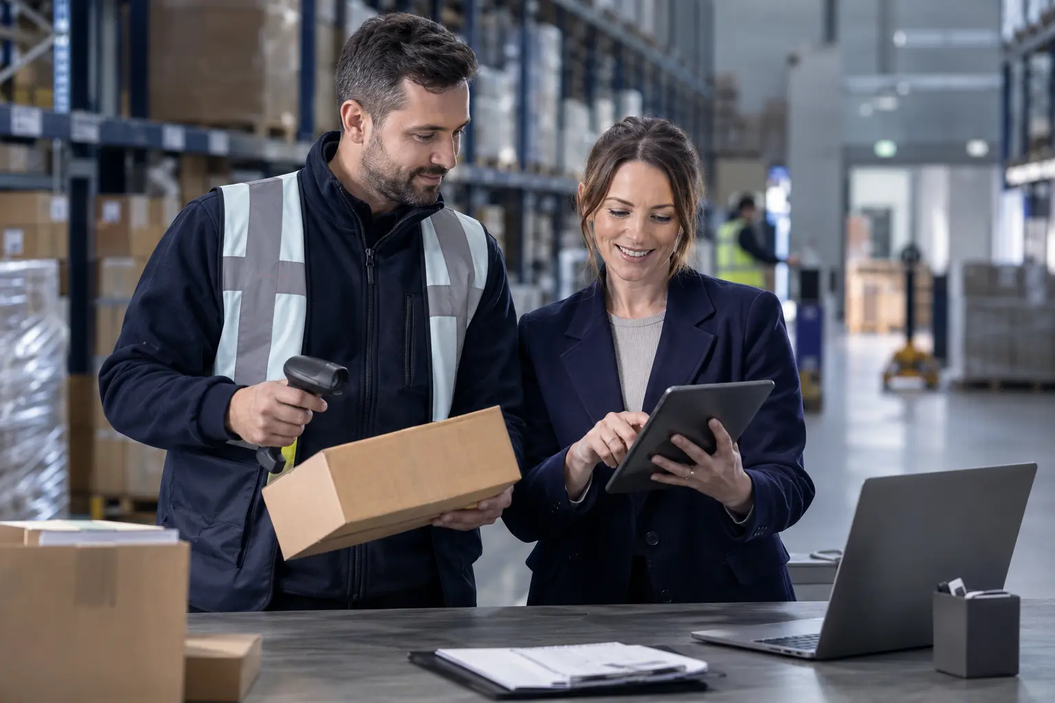 Warehouse and finance staff testing stock movements with a scanner and tablet