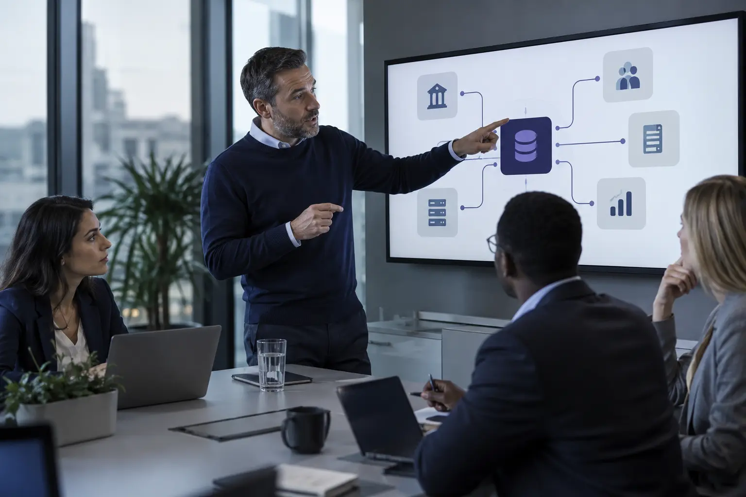 Technology architect explaining secure connections between financial systems