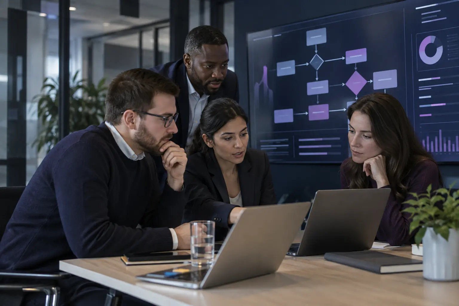 Analysts testing automated onboarding and decision workflows in a secure project room