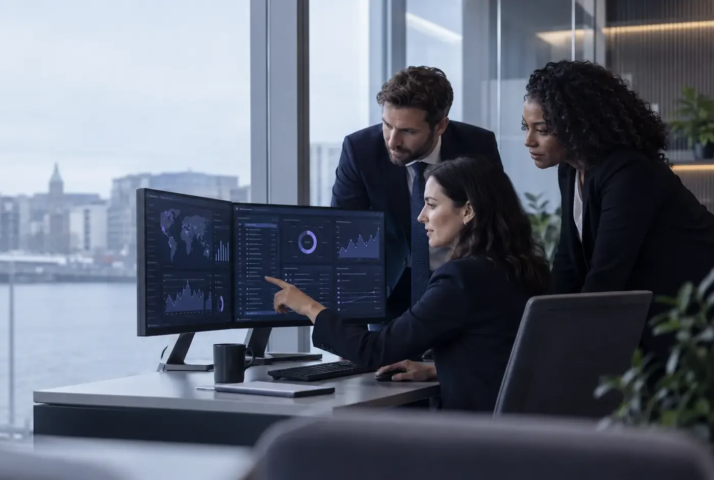 Financial operations, risk and technology specialists reviewing secure platform data