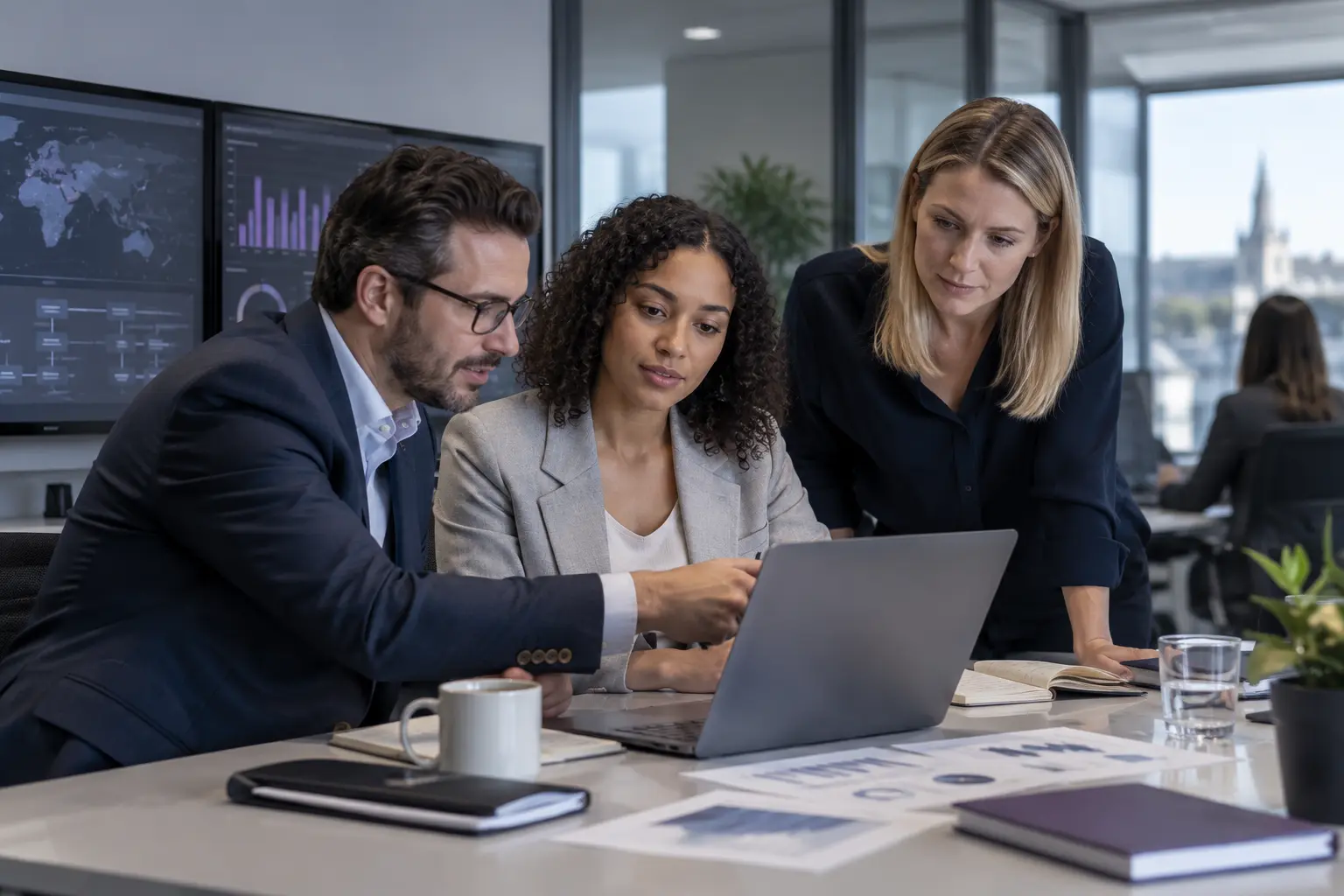 Fintech specialists reviewing financial operations, risk and reporting information