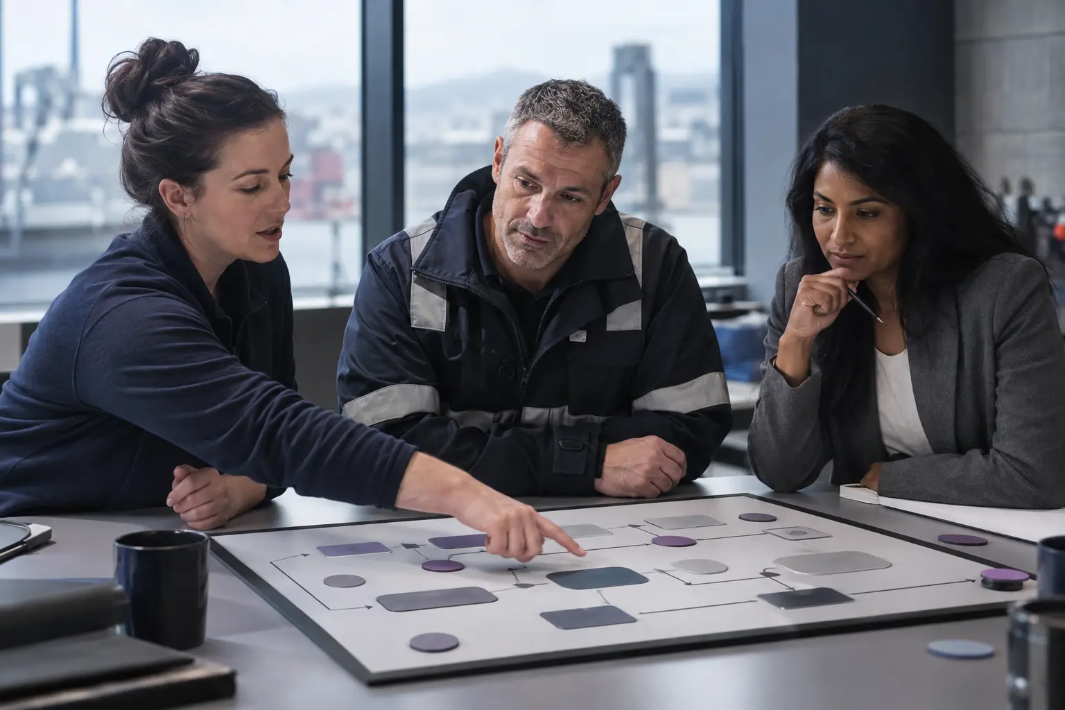 Field service team mapping dispatch and maintenance workflows during a discovery workshop