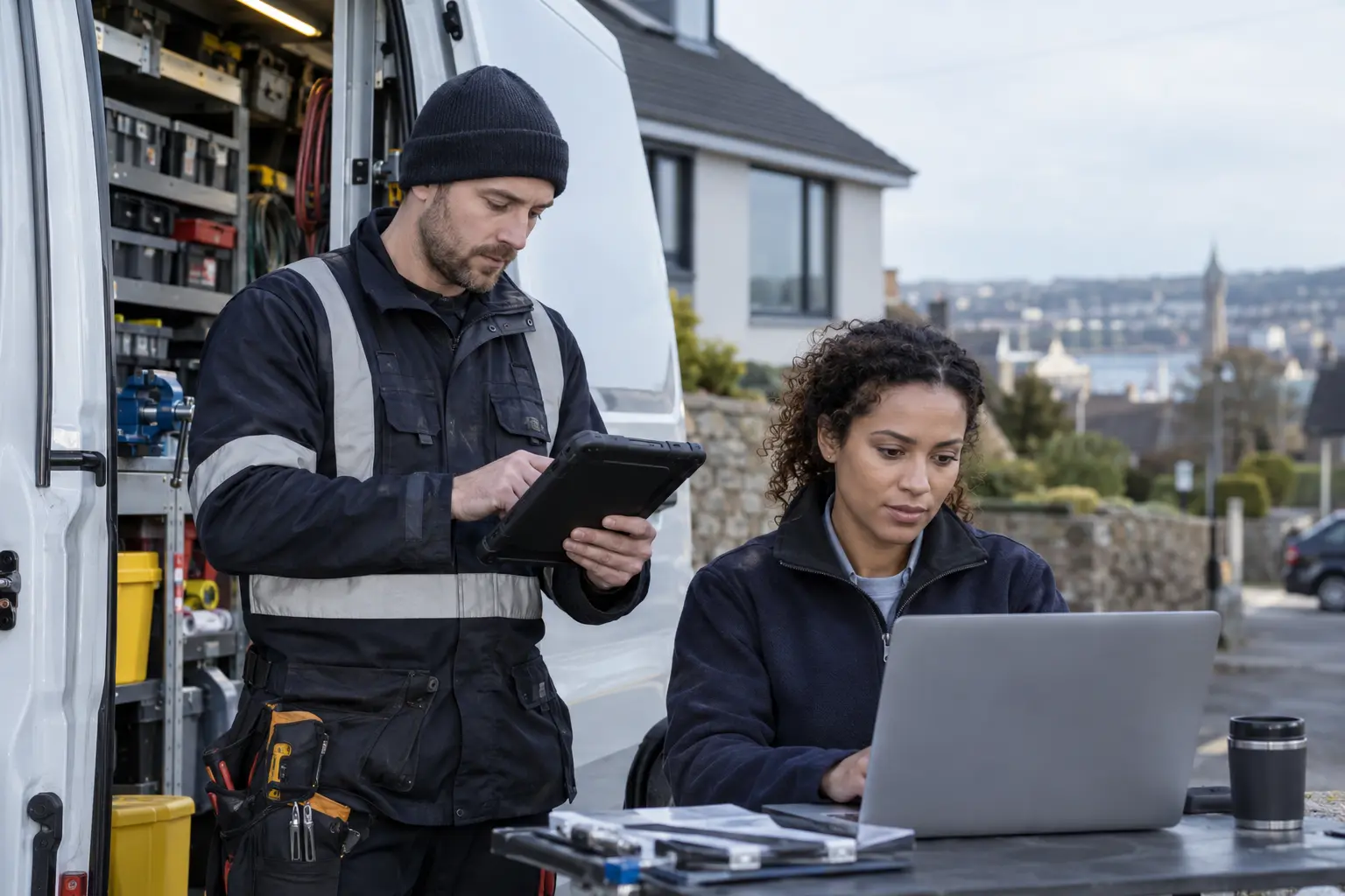 Field engineer and operations specialist testing a mobile work order beside a service vehicle