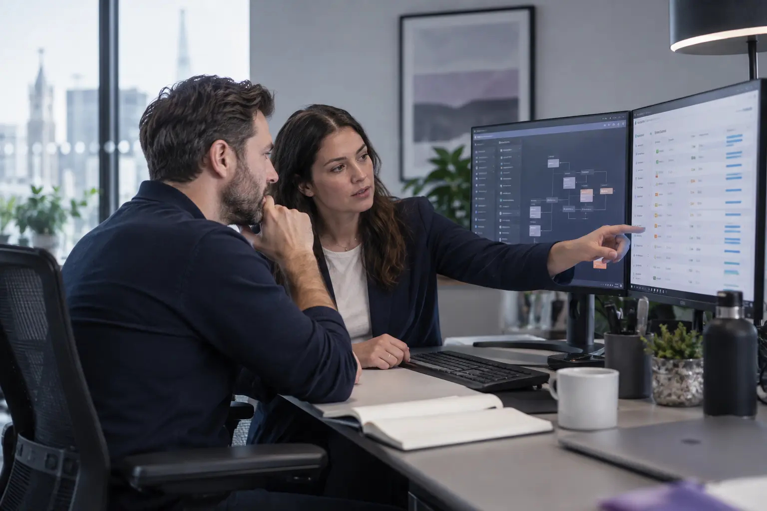 Support consultant and platform owner reviewing software environments and outstanding issues