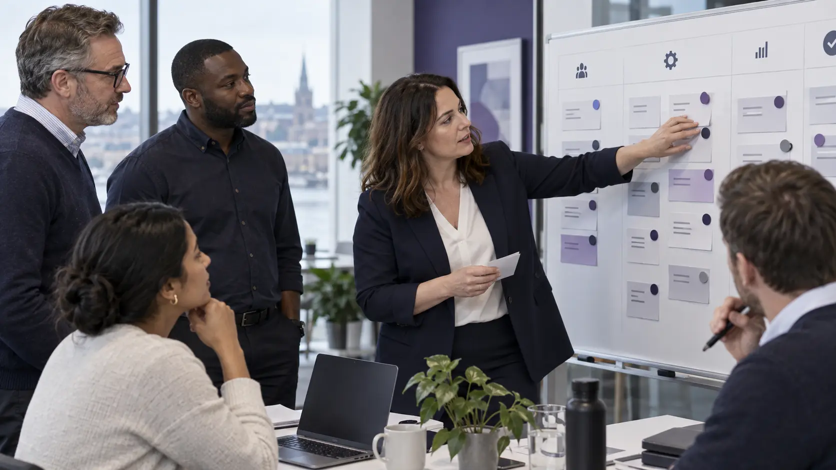 Service team assigning support responsibilities and performance measures on a planning board
