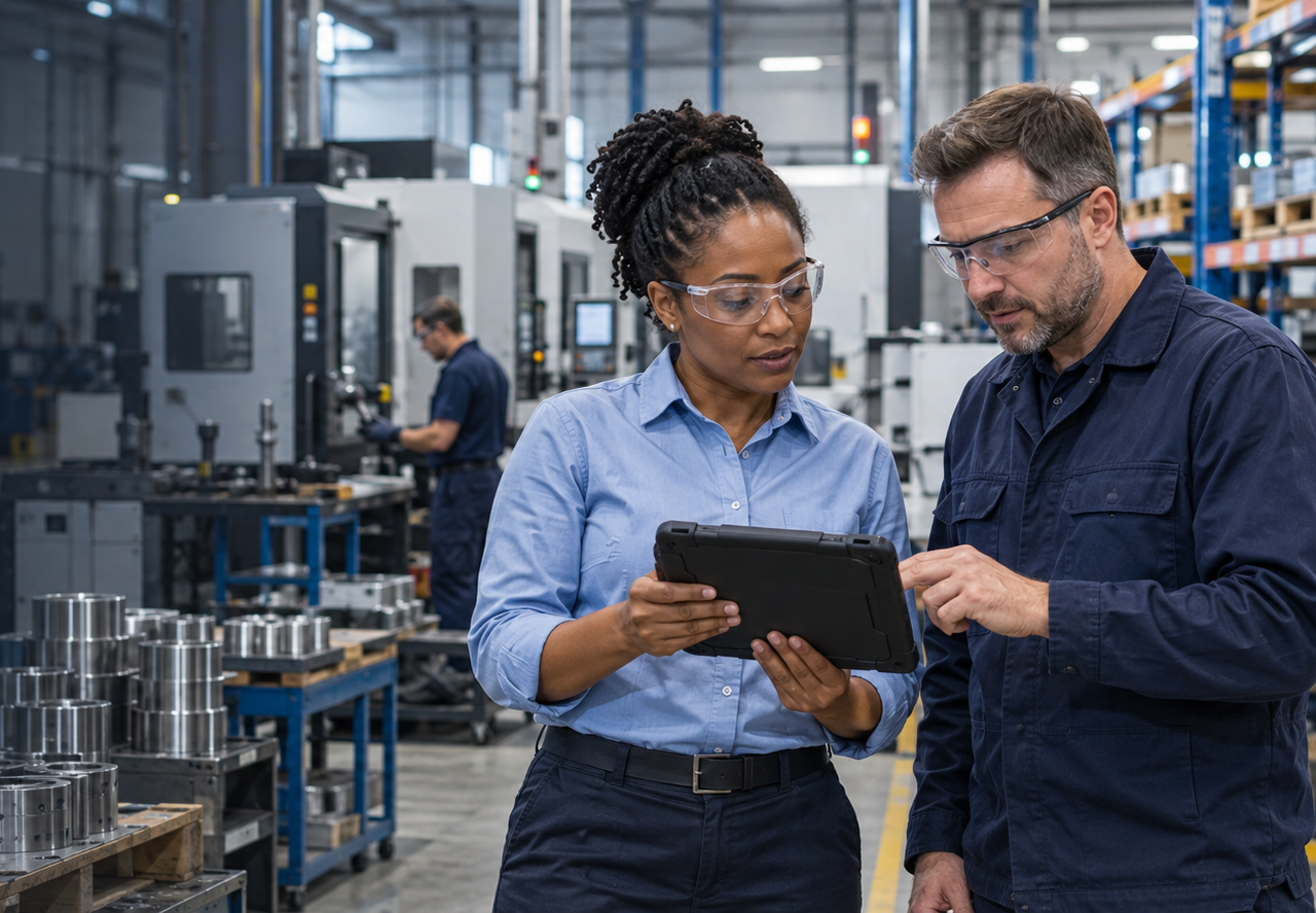 Manufacturing team using Rootstock ERP on a tablet beside production machinery.