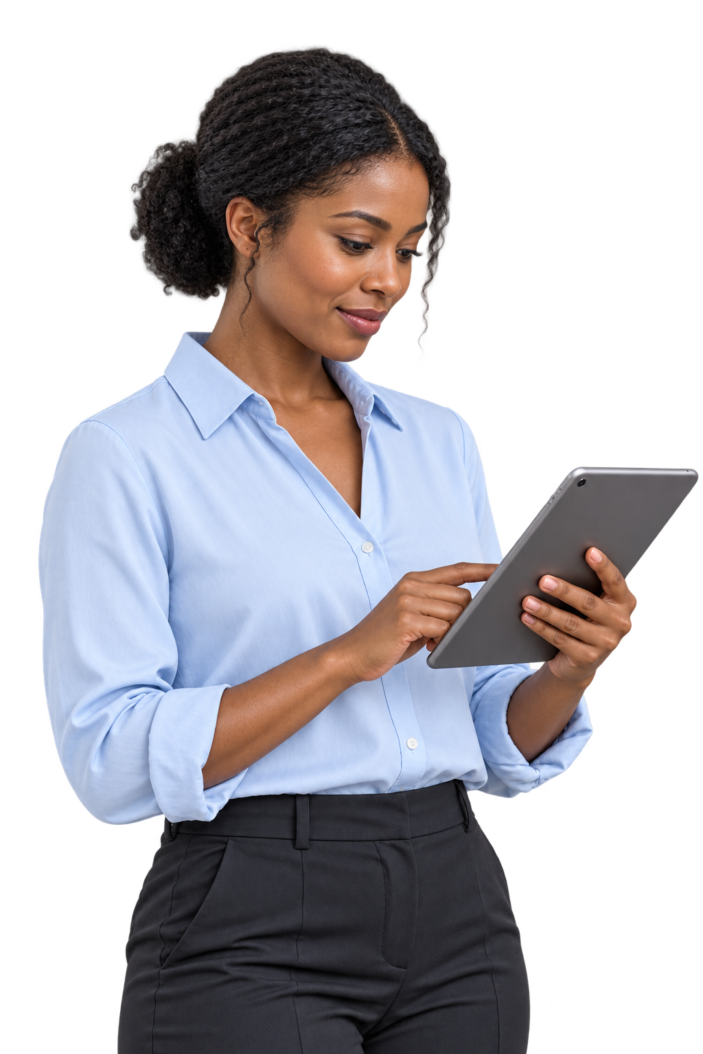 AI & Automation consultant holding a tablet and looking away from the camera.