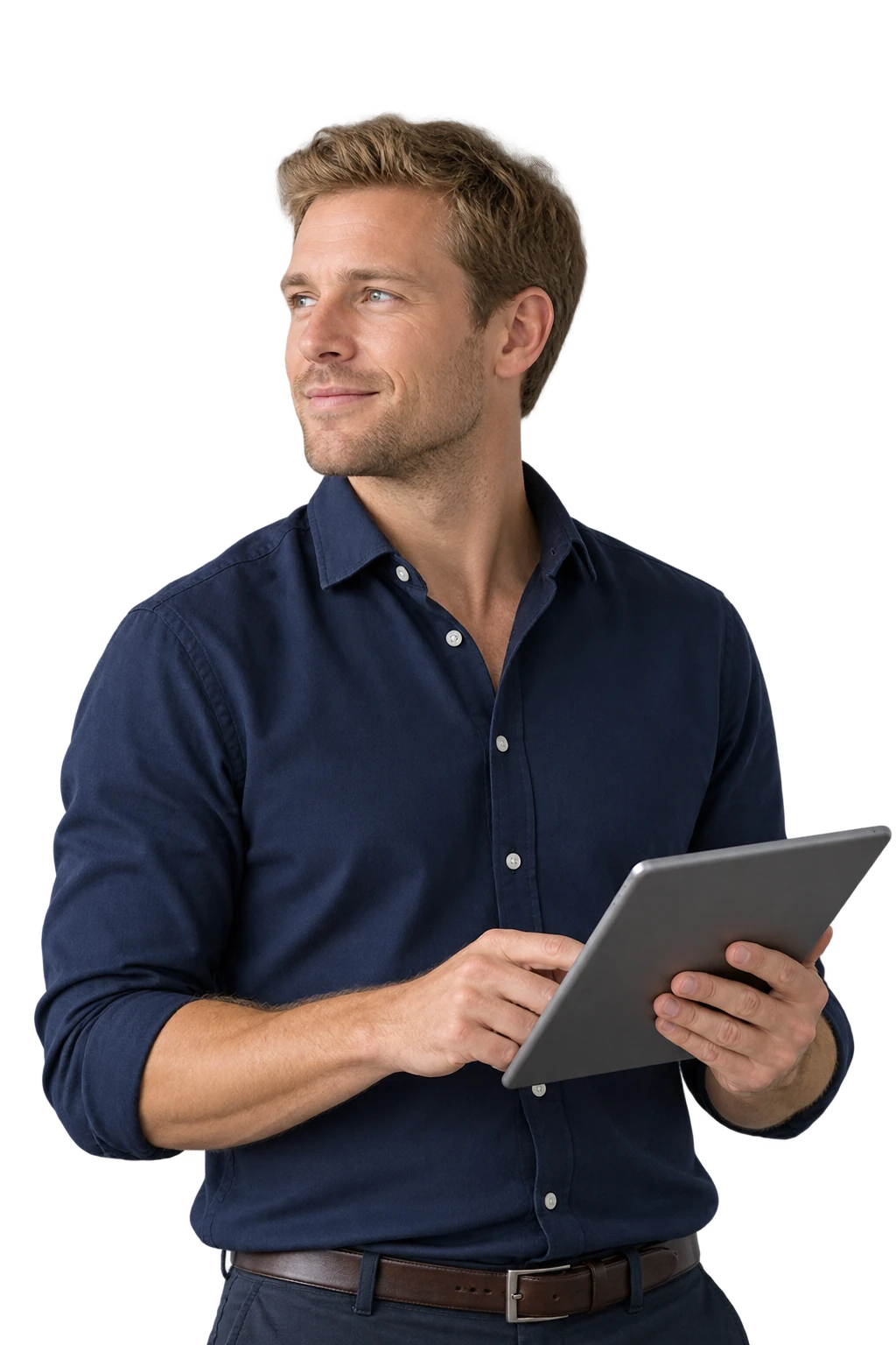 Analytics & Reporting consultant holding a tablet and looking away from the camera.