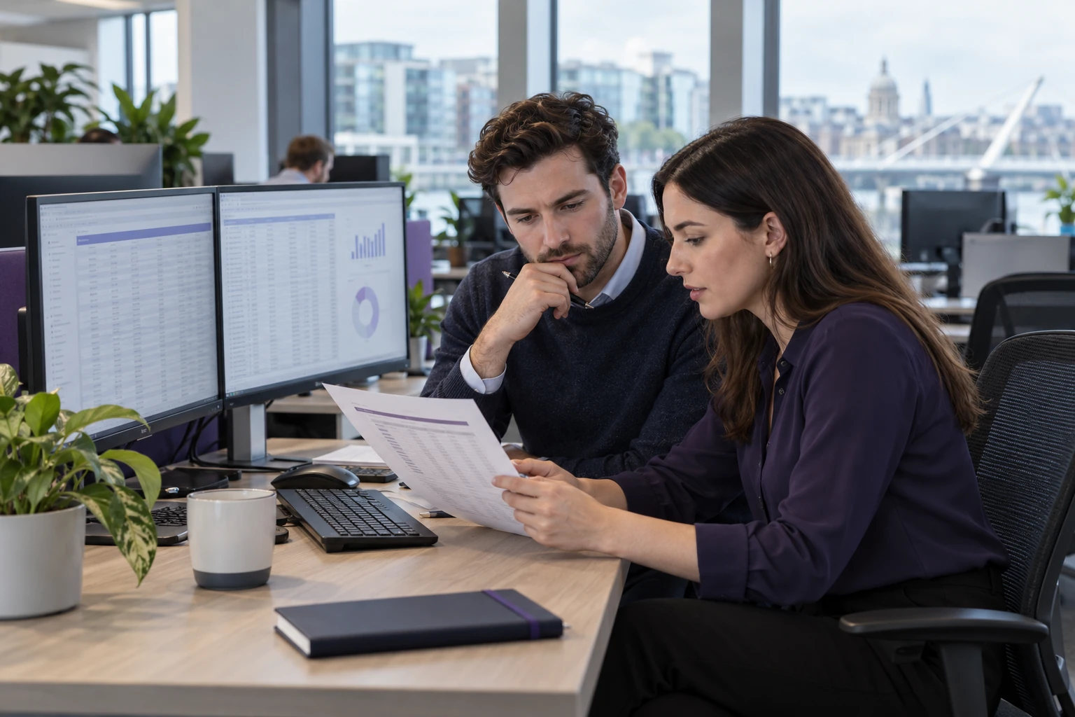 Two data analysts comparing tabular records on monitors and a printed sheet.