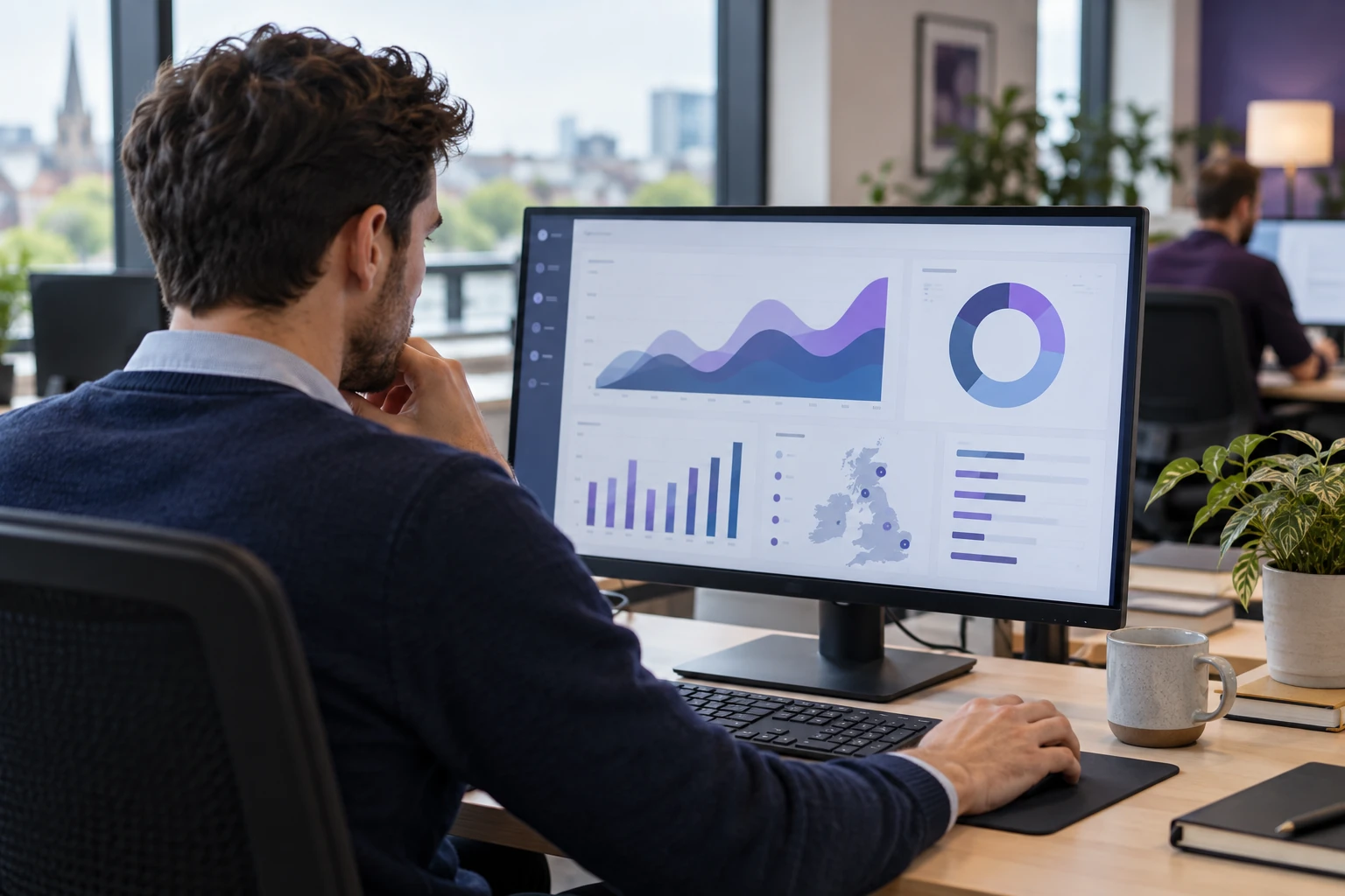 A business intelligence developer working on a dashboard with charts.